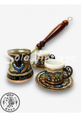 手工銅雕釉彩濃縮咖啡杯壺組（禮盒）70ML 260ML