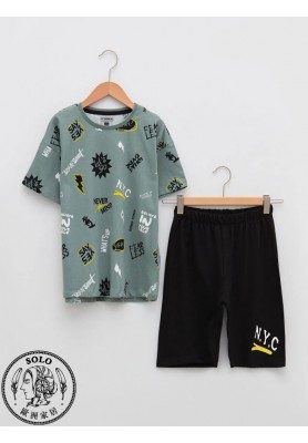 COTTON KNIT TSHIRT+SHORTS - DULL GREEN PRINT