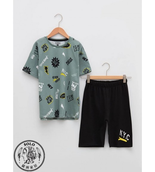 COTTON KNIT TSHIRT+SHORTS - DULL GREEN PRINT