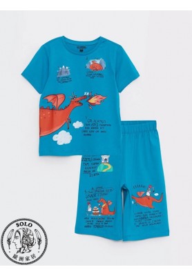 COTTON KNIT TSHIRT+TROUSERS - DARK AQUA BLUE